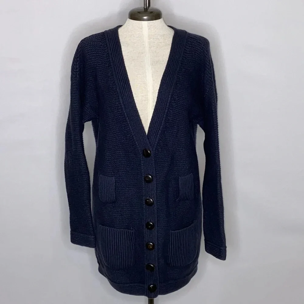 Orla Kiely Long Line 100% Shetland Wool Navy Blue Cardigan - Size 2